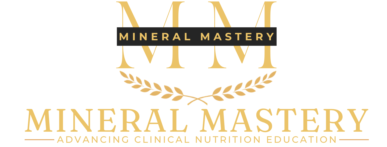 The Mineral Mastery logo features mirrored golden "M" letters with "Mineral Mastery" centered between them, set above a gold.