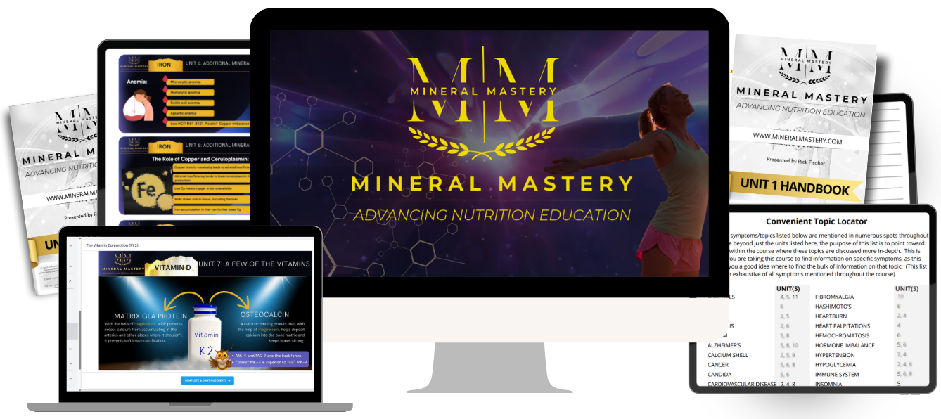 Digital course materials for "Mineral Mastery" are displayed across various devices and printouts, showcasing unit handbooks,