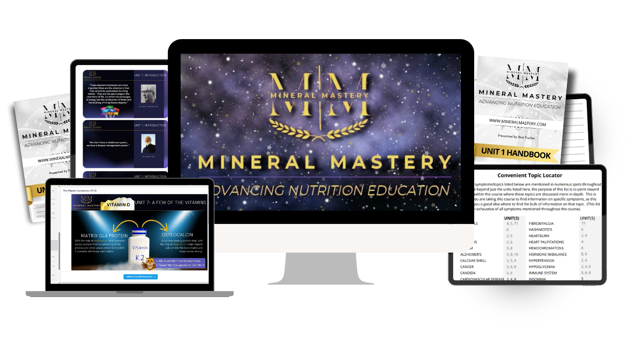 Digital course materials for "Mineral Mastery" are displayed across various devices and printouts, showcasing unit handbooks,