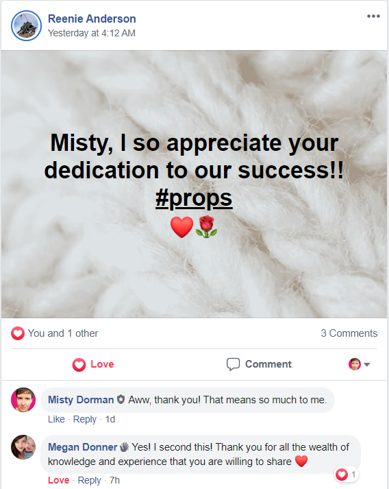 Testimonial screenshot - Misty, I so appreciate your dedication to our success!! #props <3