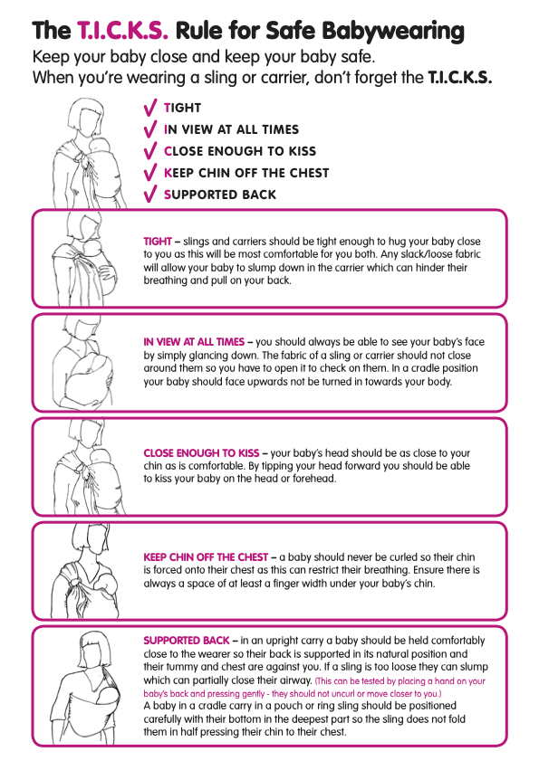 an infographic explaining the TICKS rule for safe babywearing