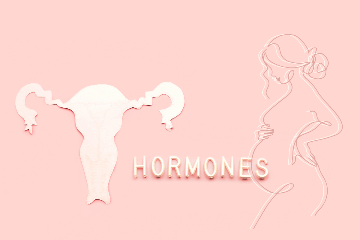 graphic of ovaries and uterus next to word hormones and outline of a pregnant woman