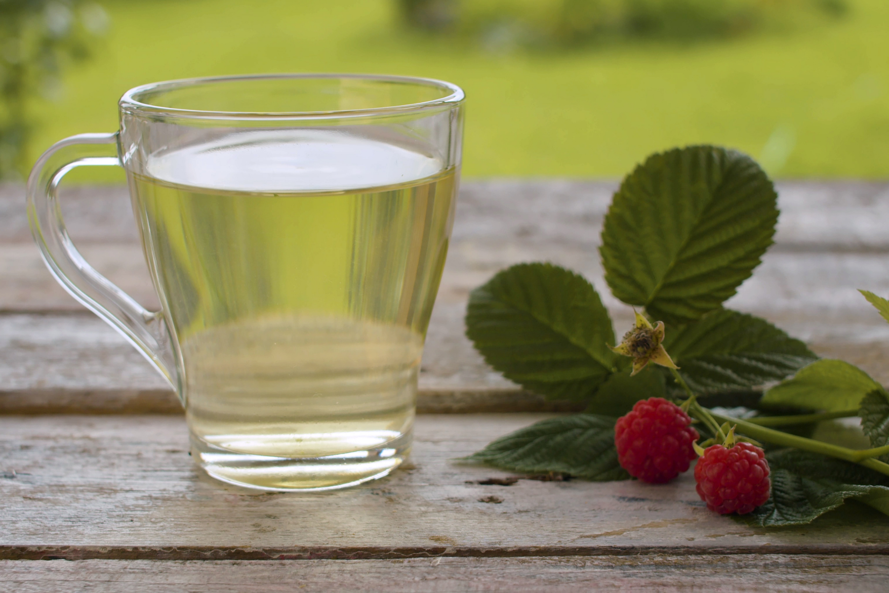 photo of a glass mug containing raspberry leaf tea placed on a wooden table next to sprig of raspberry plant