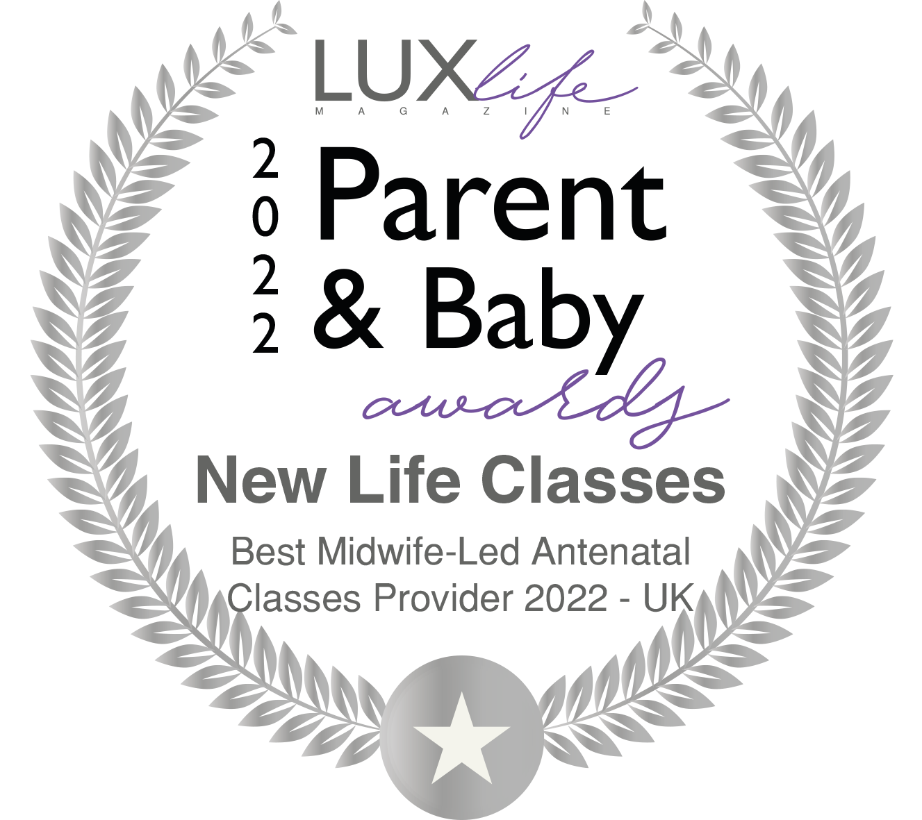 LuxLife Parent and Baby Awards winner 2022 logo - best midwife-led antenatal classes UK