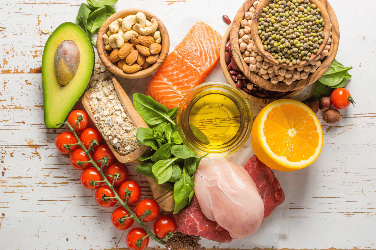 Photo of healthy foods laid out in the shape of a heart.