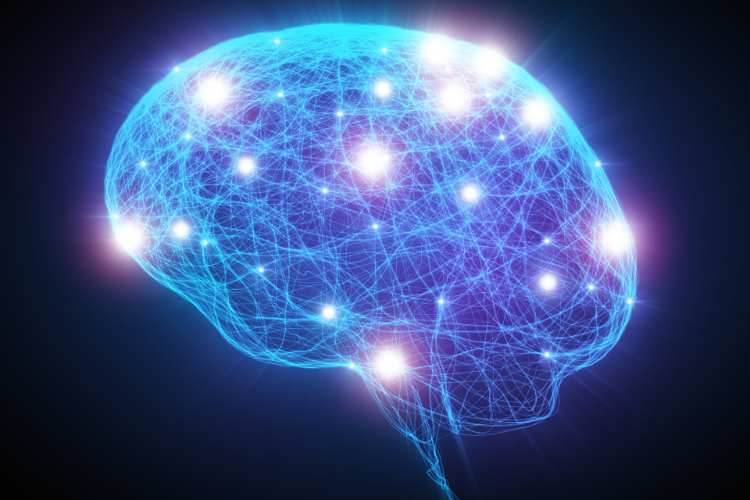 an image of brain made up of blue wires with lights on a black background