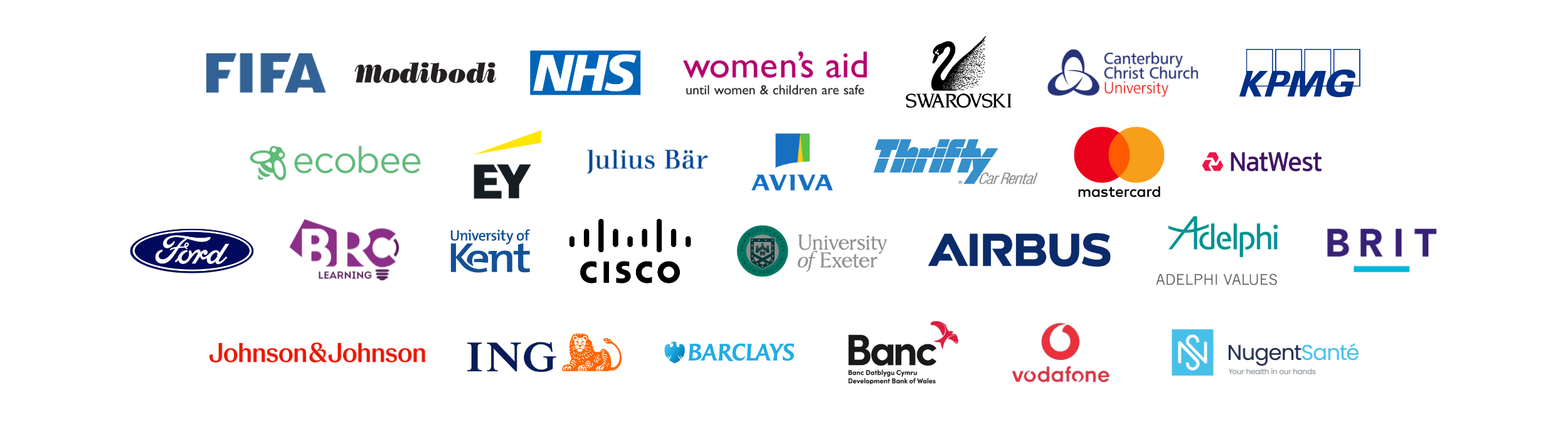 Logos of companies Nicky J Davies' clients have won contracts with - including Ford, FIFA, NHS, Barclays, Vodafone, Airbus