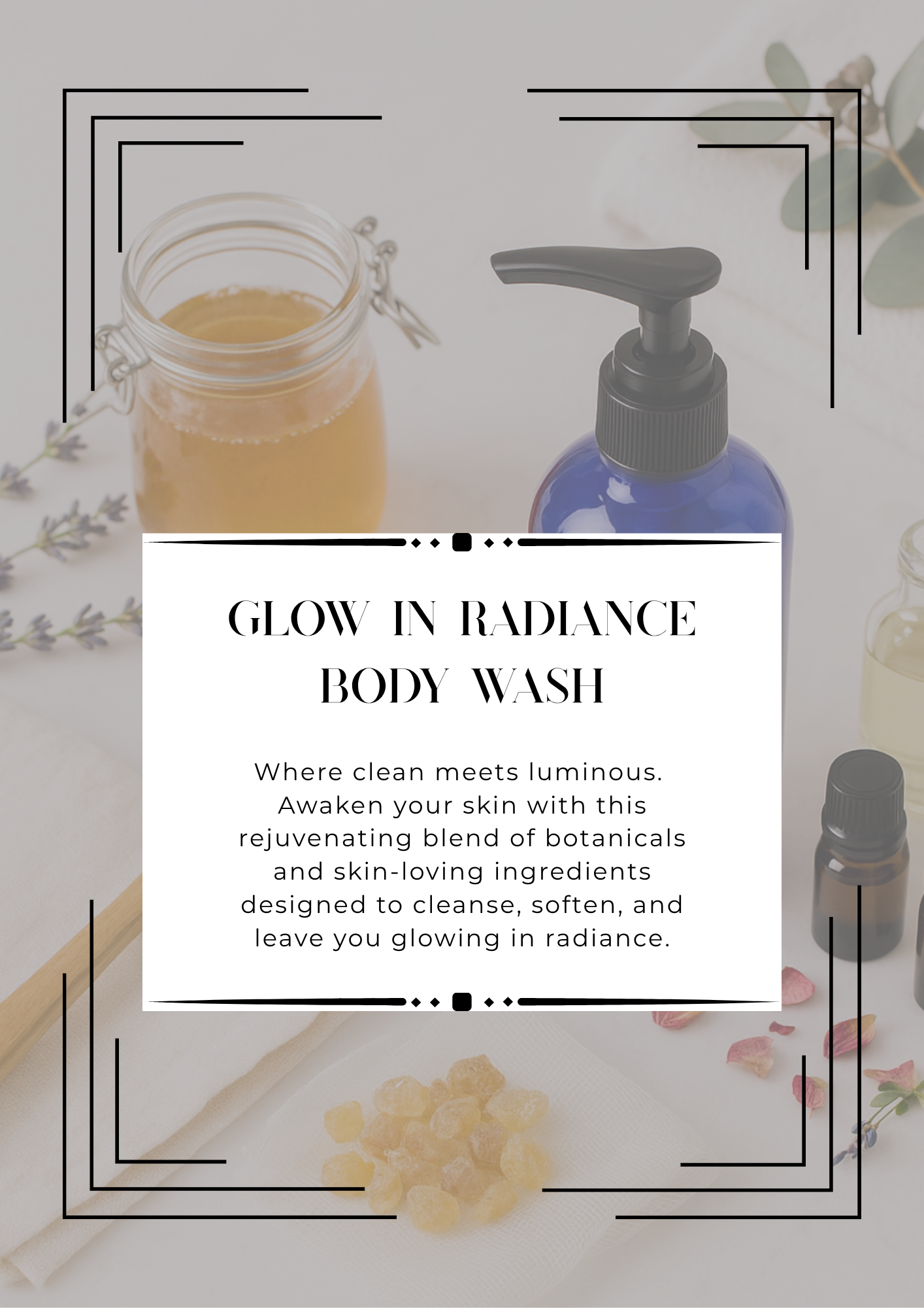 Glow In Radiance Body Wash with honey, oils, and botanicals for soft, radiant skin.