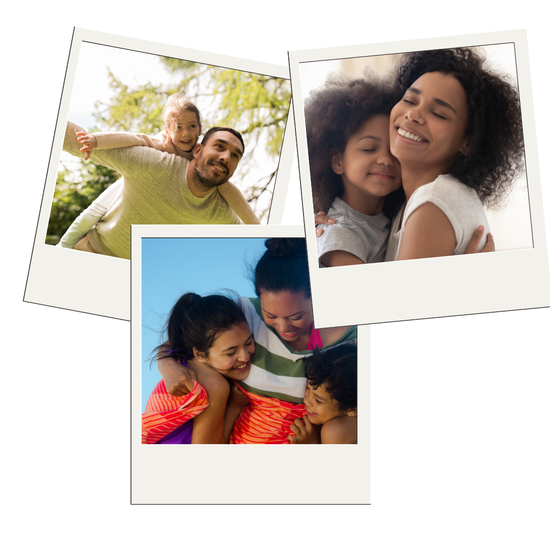 A collage of pictures of parents and their kids, looking happy.