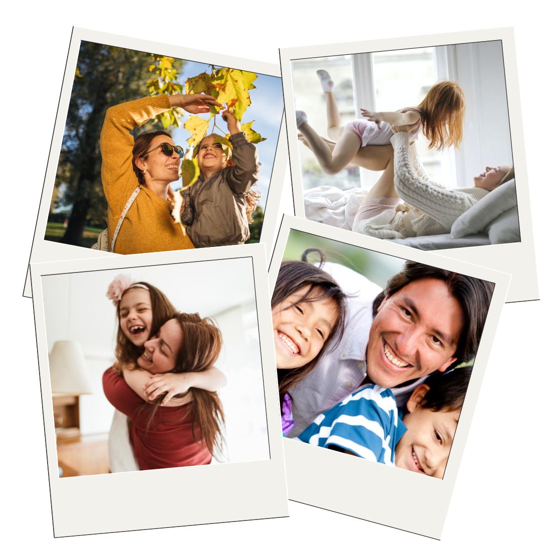 A collage of parents with their kids, looking happy.