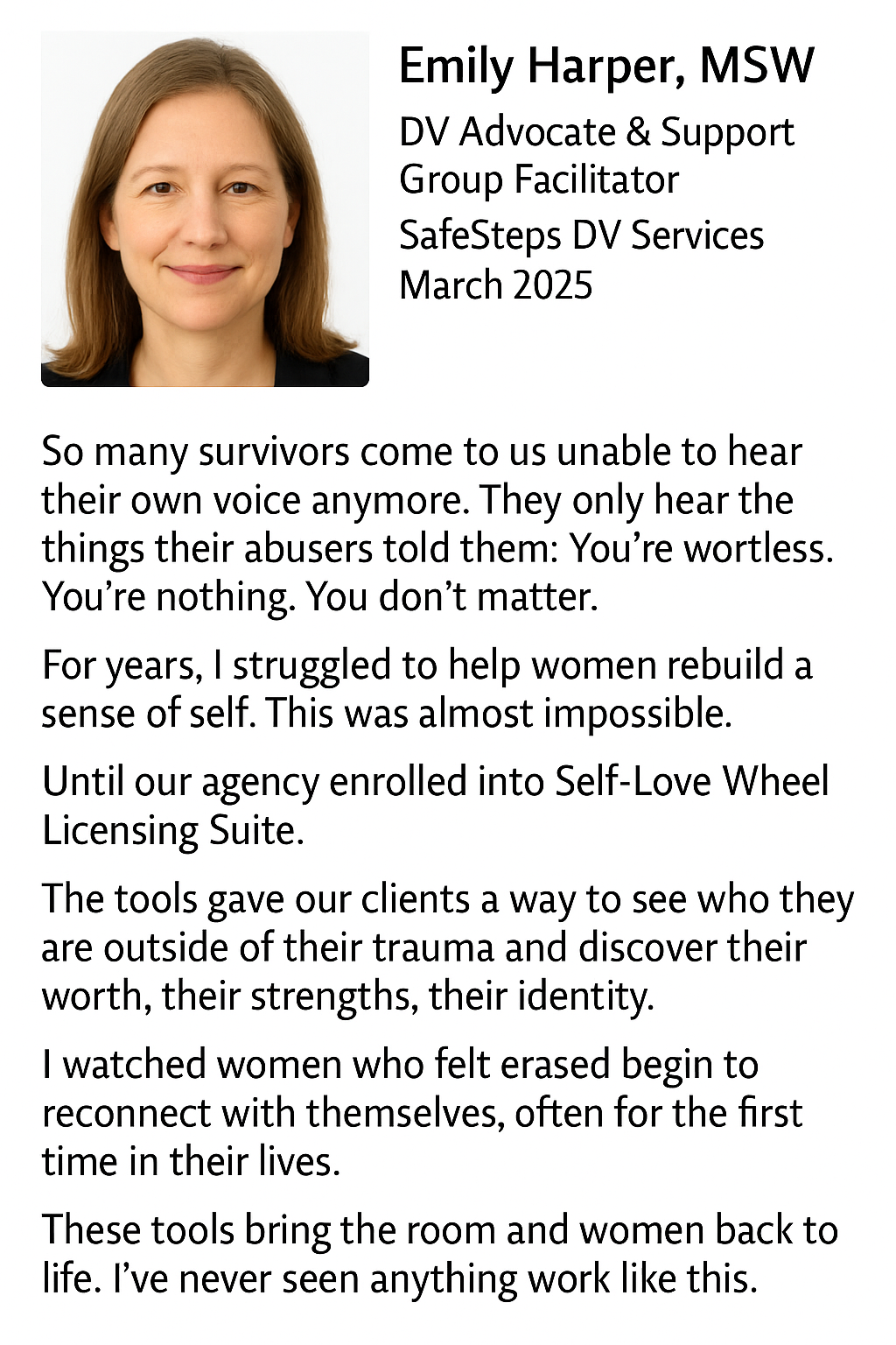 The Self-Love Wheel Testimonial, Emily Harper, MSW