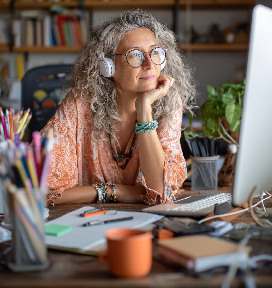 Photo of confident woman leader with headphones, in a coaching conversation, in natural light