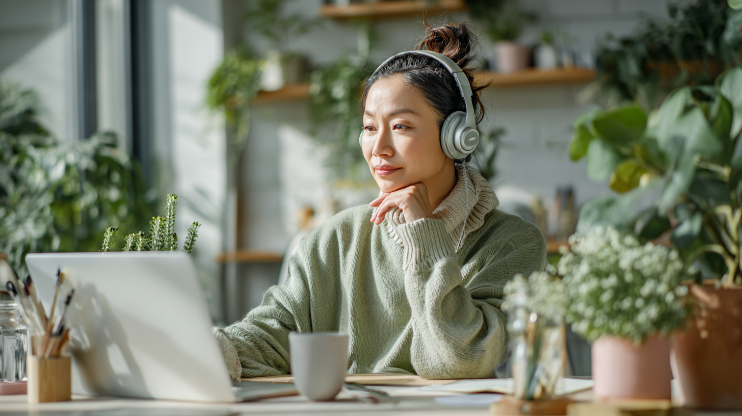 Photo of confident woman leader at her home desk, in a coaching conversation, wearing headphones, in natural light