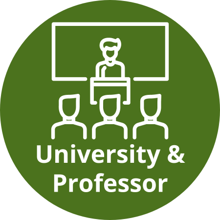 university professor button with professor at a lectern in front of three students