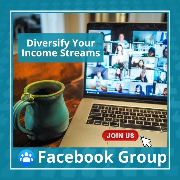 Laptop showing zoom meeting with invitation to join the Diversify Your Income Streams FB Group