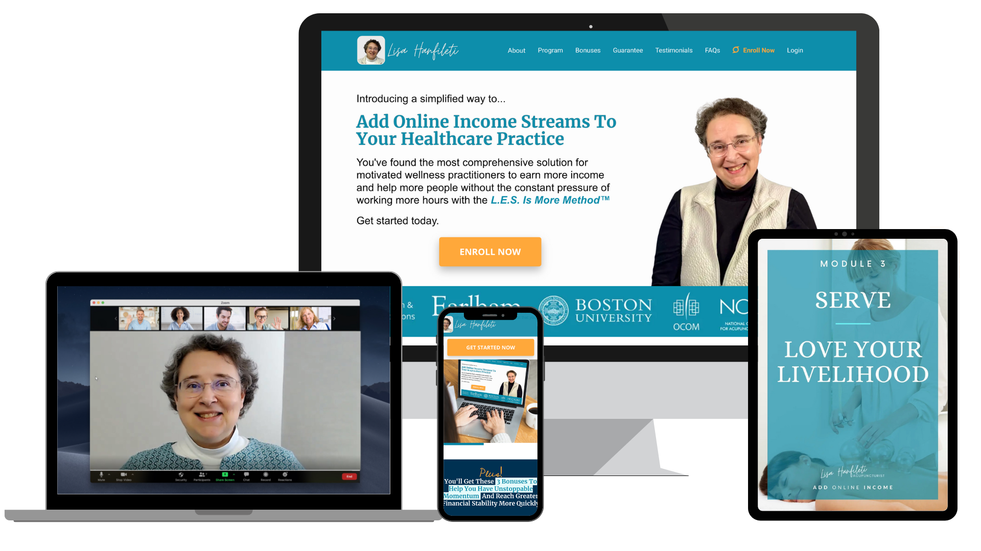 Add Online Income  Program Hero Image showing the program isformatted for laptop, phone and tablet and virtual classes