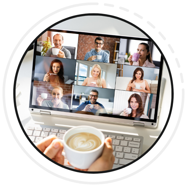 Laptop screen showing multiple people in a virtual meeting for group training