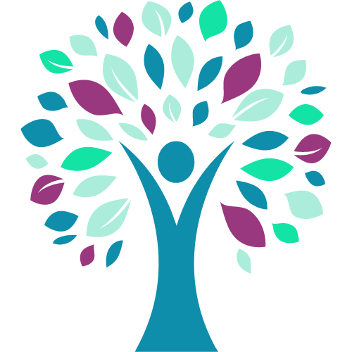 graphic tree with person as tree trunk & colorful leaves