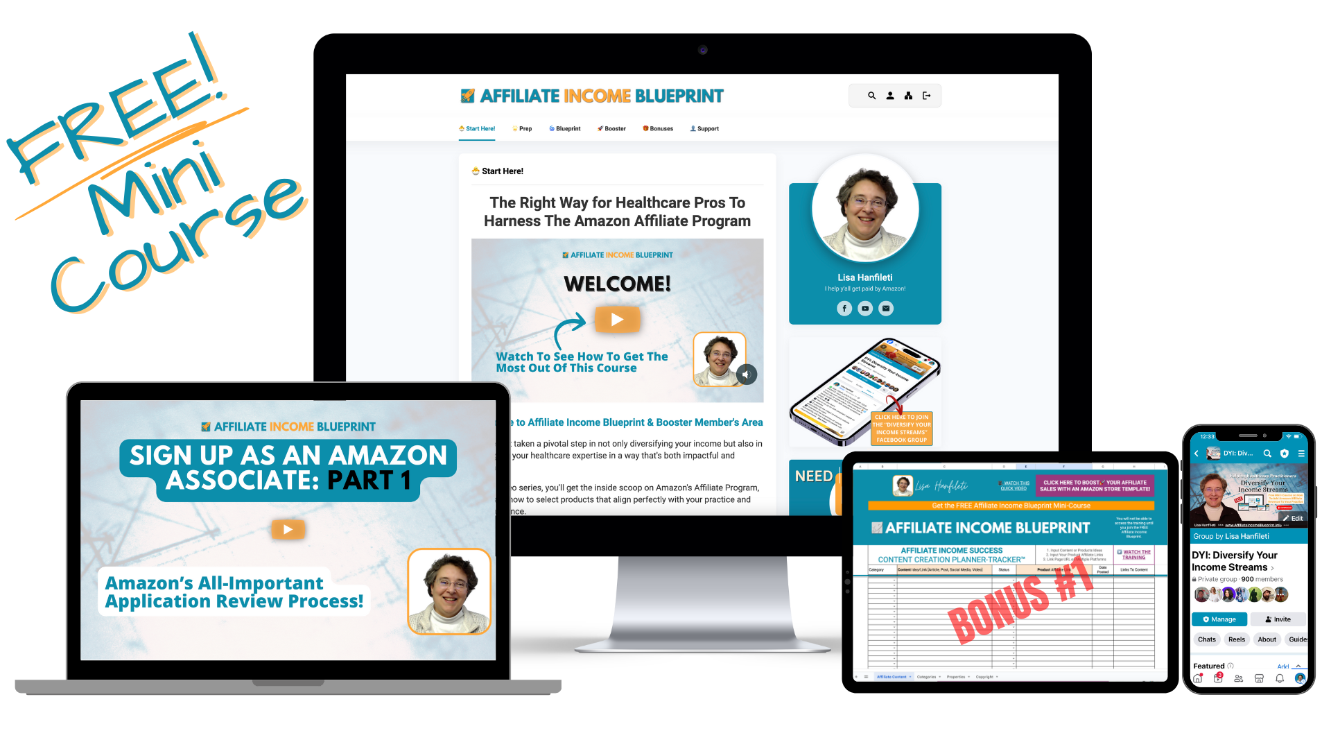 Afiliate Income Blueprint membership site, video training, spreadsheet and Facebook Group shown on various devices.