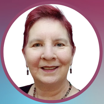 Sue Wilhite photo with gradient circle frame, mauve to light blue