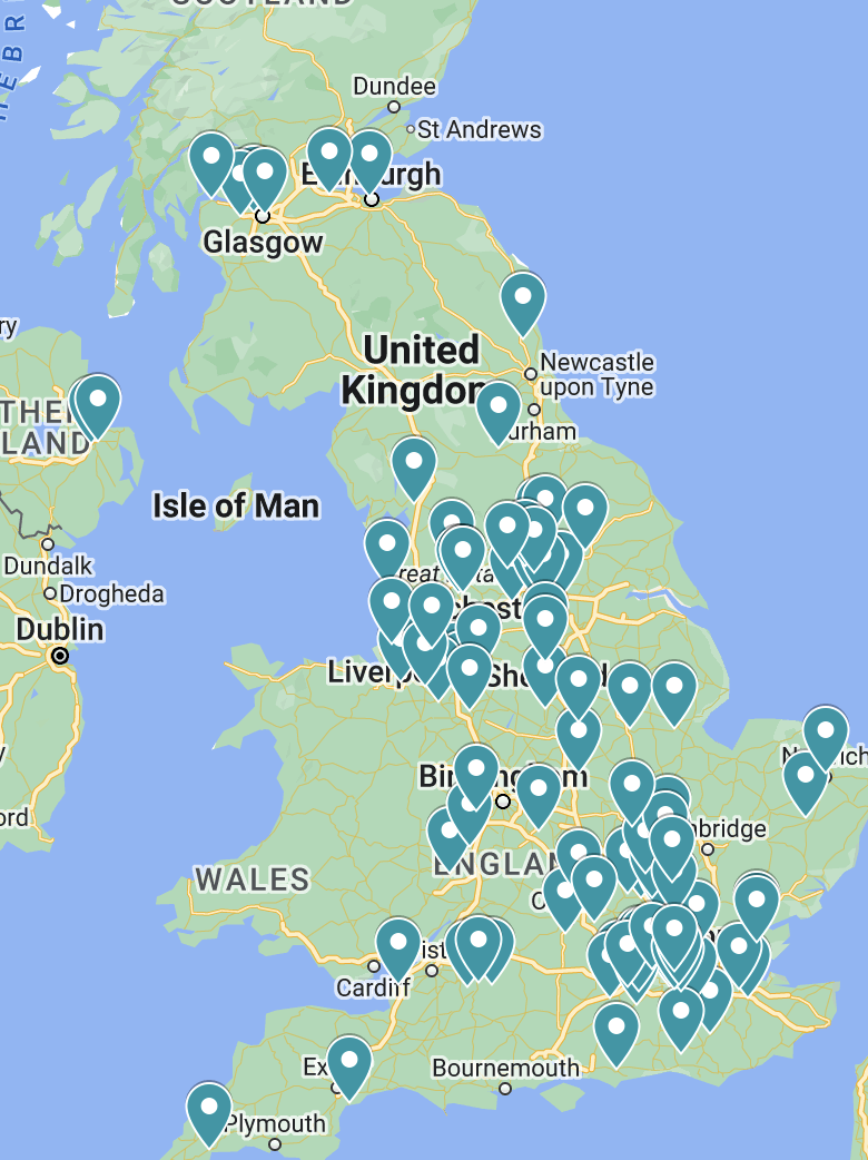 Map of the UK featuring a multitude of location markers showing the location of certified practices