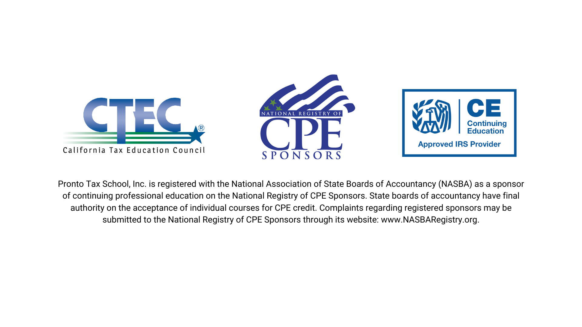 Pronto Tax School Credentials