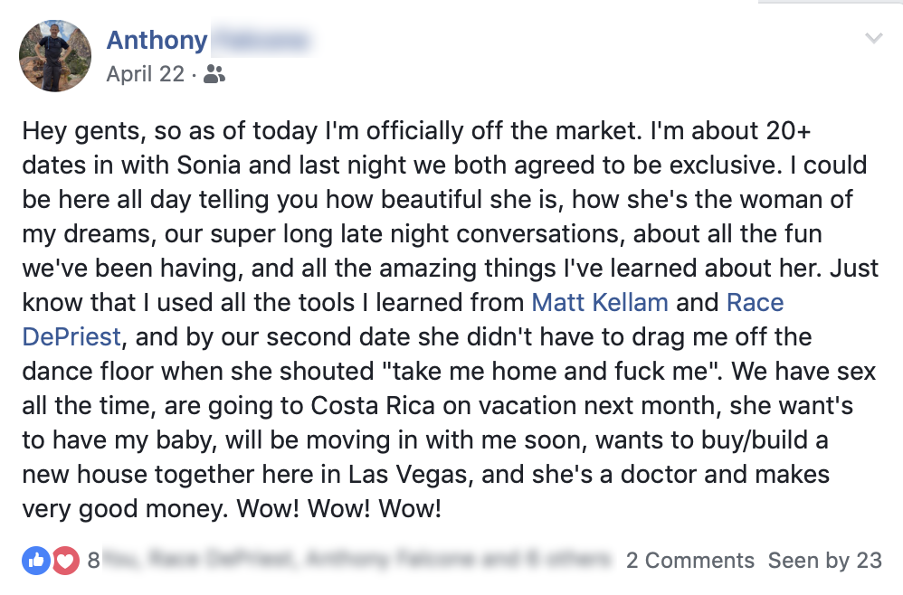 Anthony's Facebook post crediting Race's training after becoming exclusive with Sonia