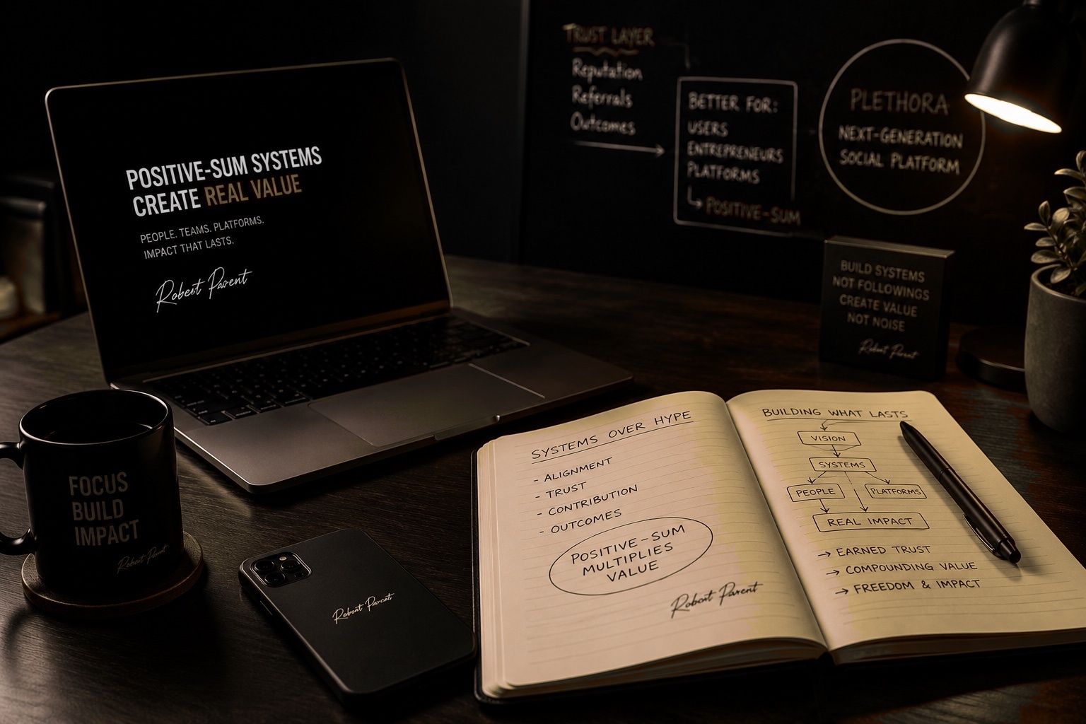 Alt text: Dark cinematic workspace with a laptop, notebook, phone, coffee mug, and strategy notes, using black and warm oran
