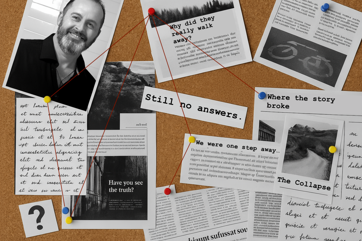 Corkboard with red strings linking articles and a photo of Robert Parent, symbolizing a search for answers.