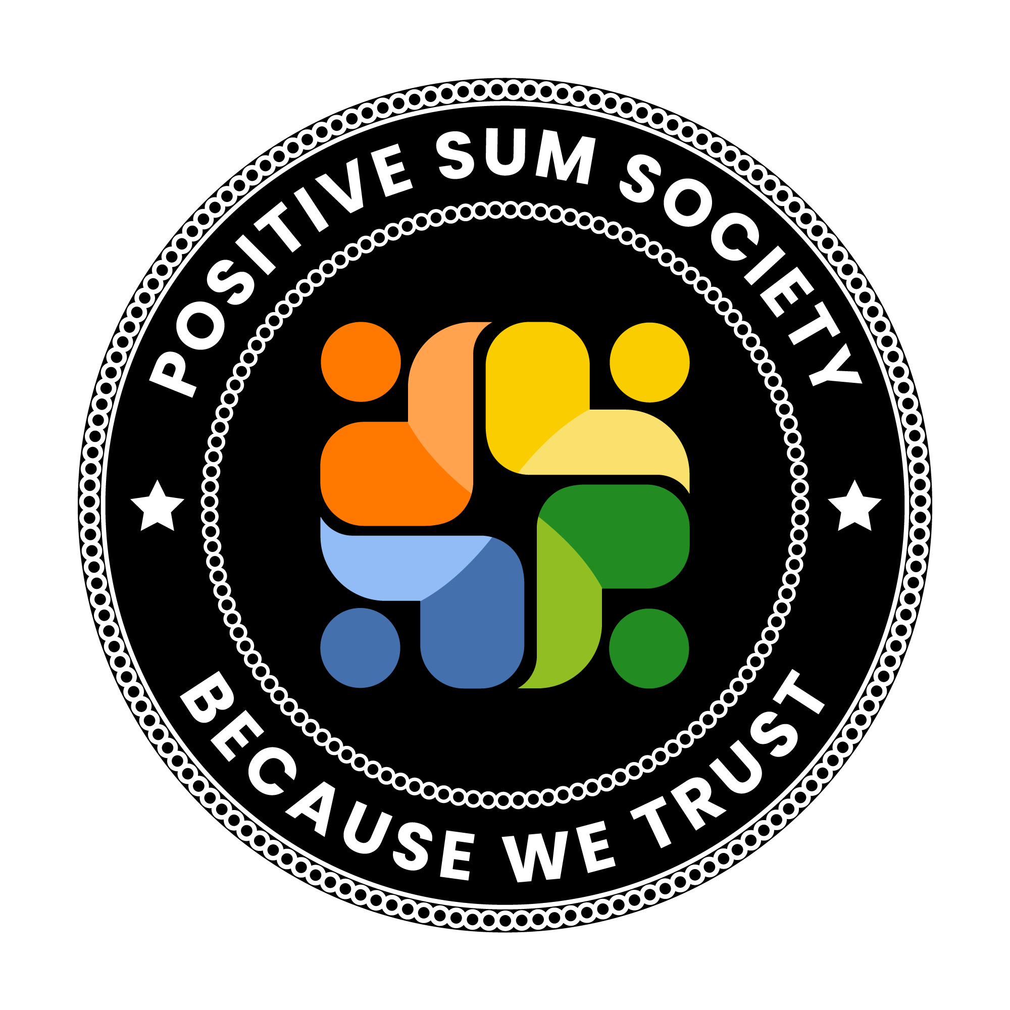 Positive Sum Society logo — a unified symbol of collaboration, trust, and contribution, with four colorful human-like shapes 