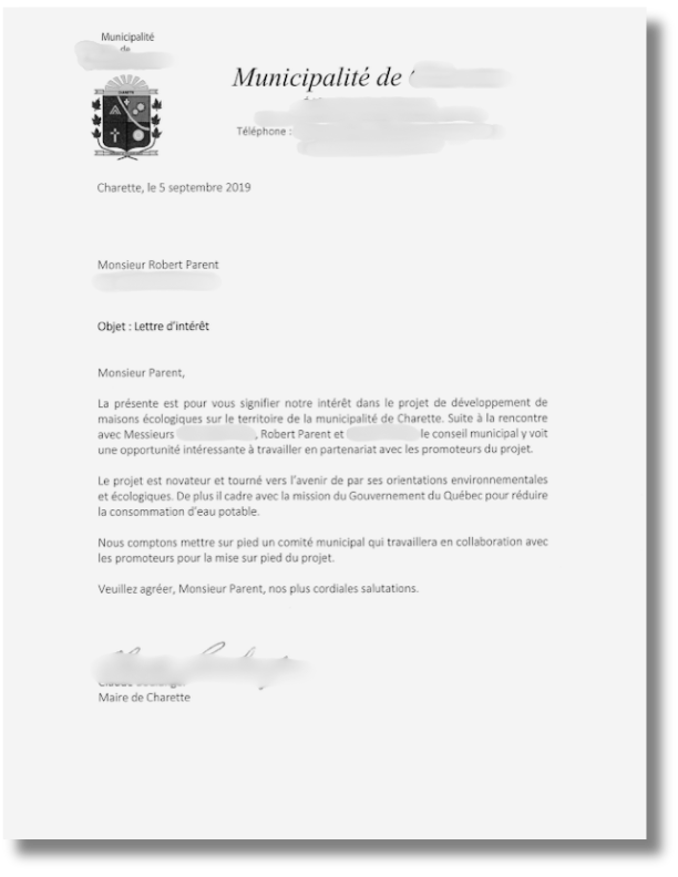 Signed letter from Quebec municipality expressing interest in a sustainable housing project with Robert Parent.