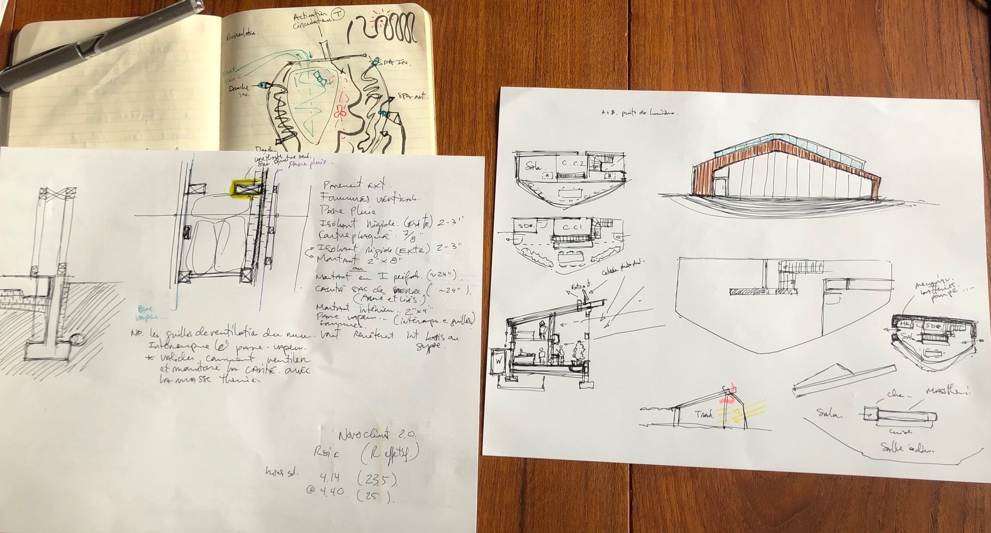 Architectural sketches and notes of the Logeit prototype, showing insulation, thermal mass, and off-grid planning.