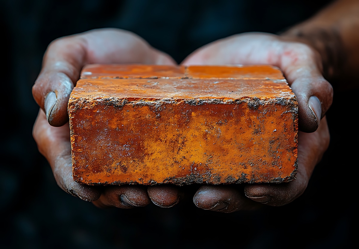 Close-up of dusty hands holding a brick — symbol of rebuilding after collapse.