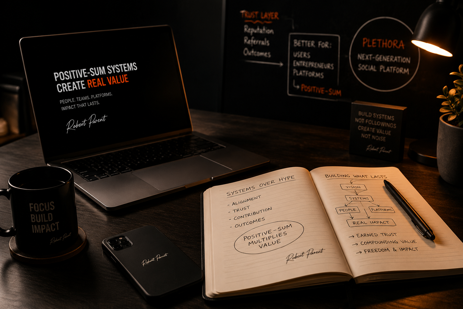 Alt text: Dark cinematic workspace with a laptop, notebook, phone, coffee mug, and strategy notes, using black and warm oran