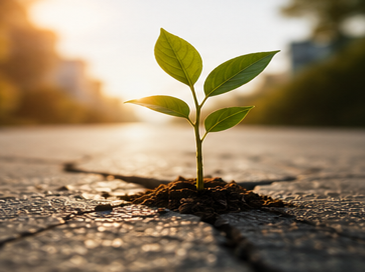 Small plant growing through the ground in sunlight