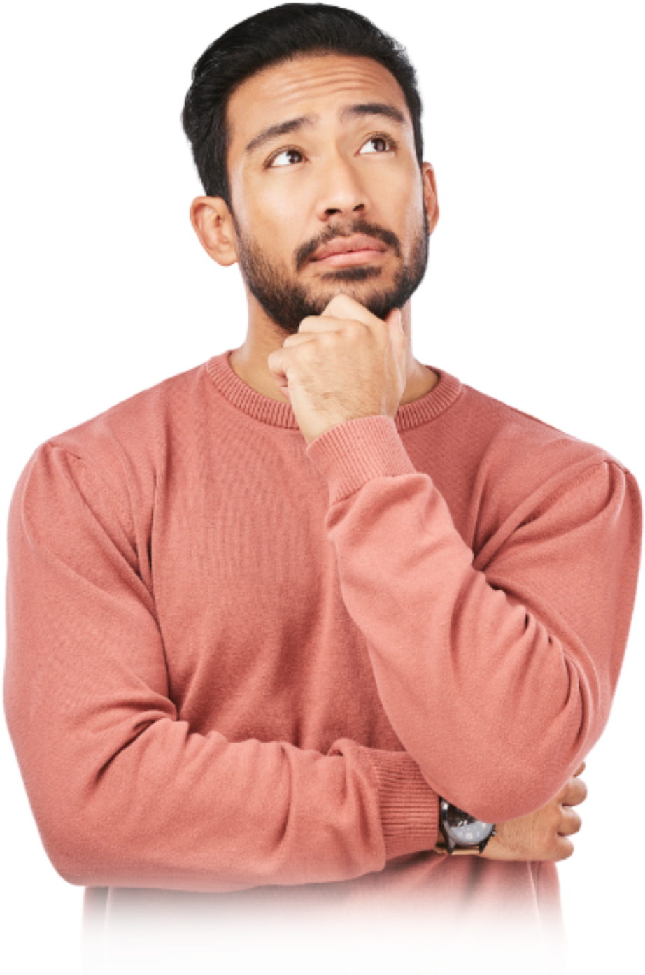 Man with hand on his chin looking up thinking