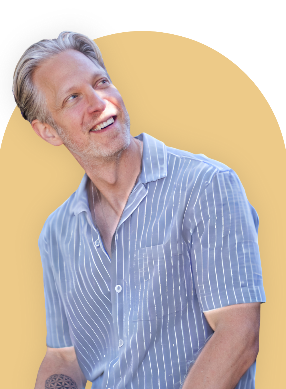 Person looking up in a light blue shirt