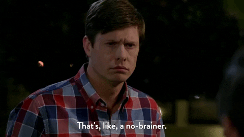 GIF of a man in checkered button up shirt saying 'that's like, a no brainer'