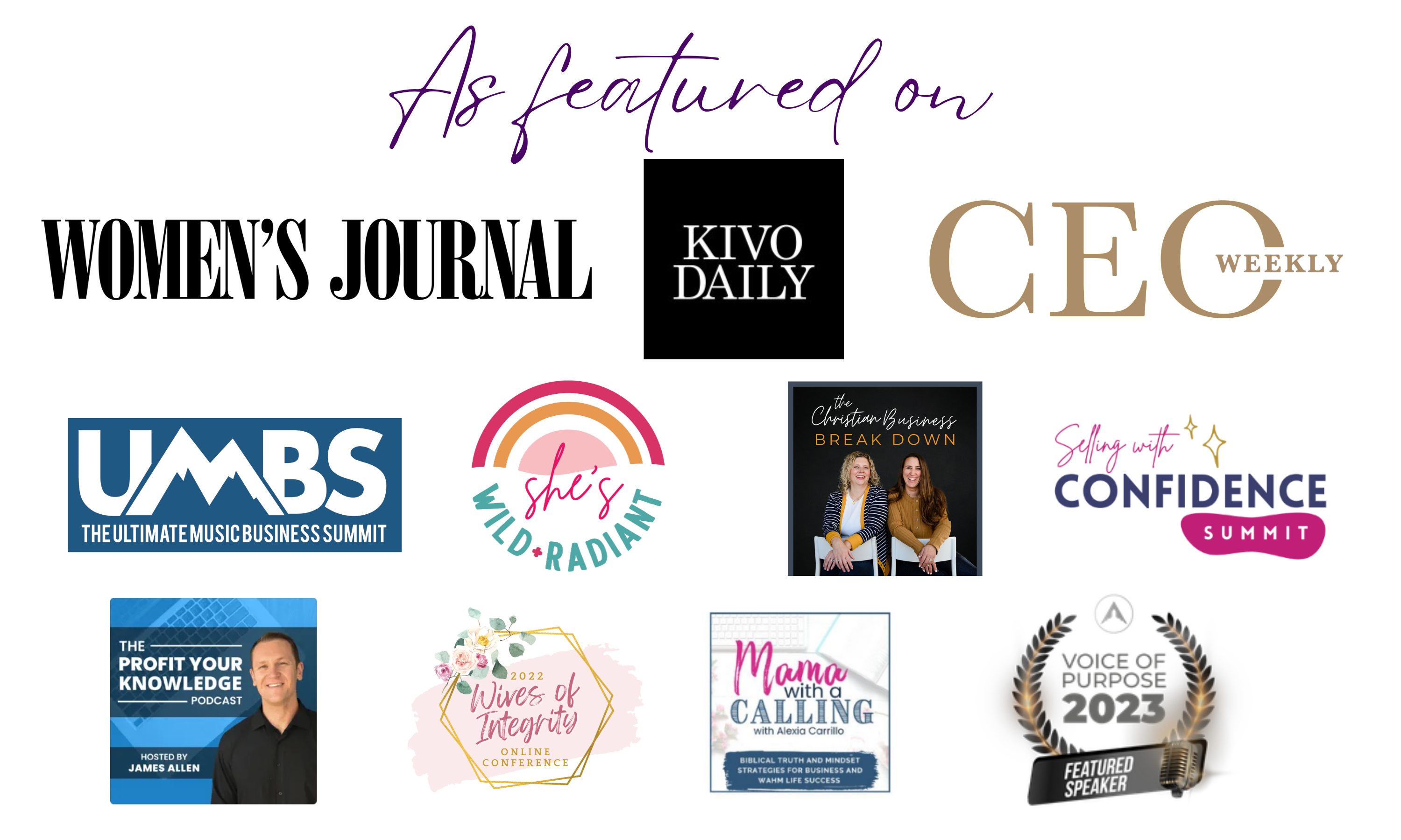 Logos of outlets featuring Sarah Jacobson: Women's Journal, Kivo Daily, CEO Weekly, UMBS, Selling With Confidence Summit