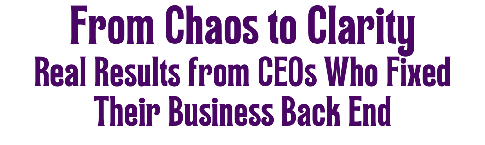 Two 5-star testimonials from CEOs describing how Sarah transformed their business backend from chaos to clarity, creating cle