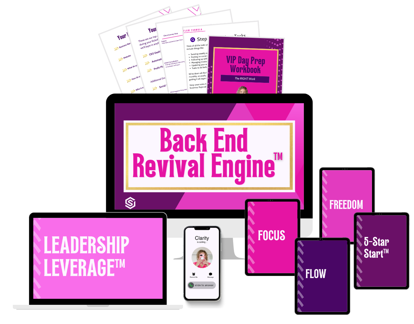 Back End Revival Engine toolkit displayed on laptop, phone, and worksheets