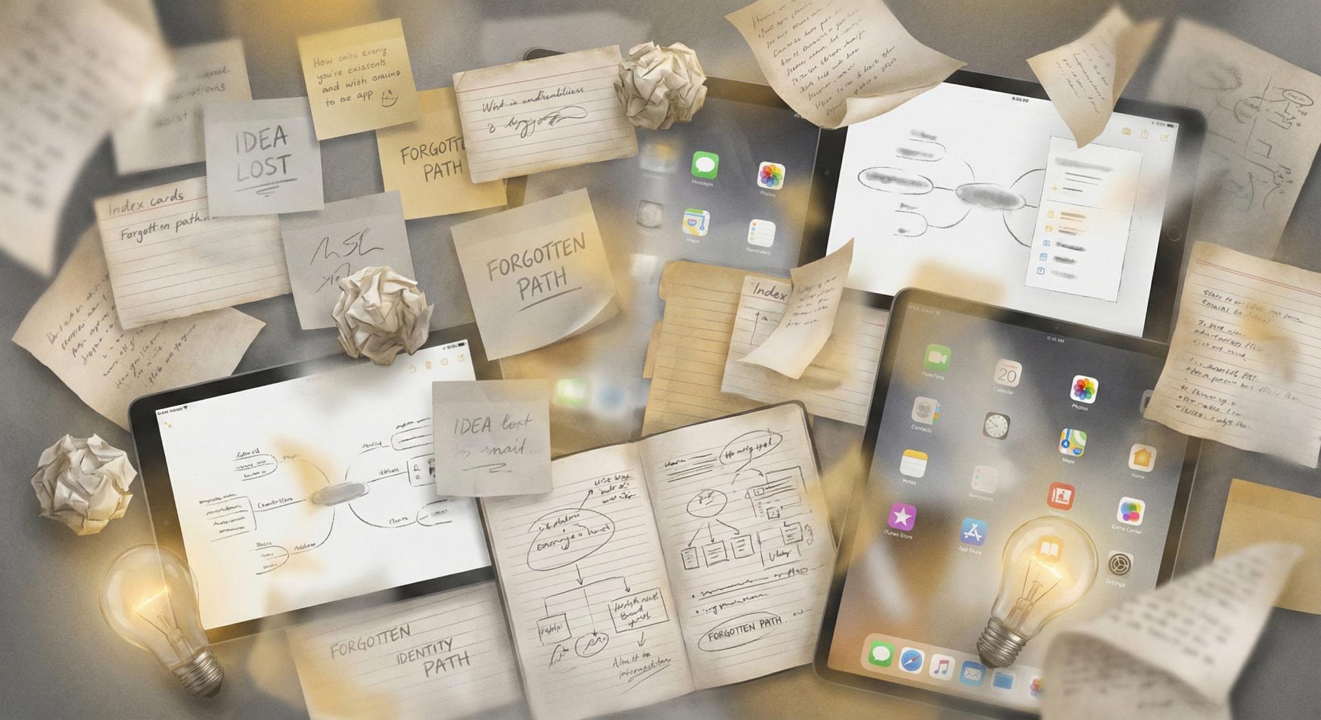 Scattered papers, sticky notes, and crumpled ideas -- the familiar chaos of trying to stay organized across too many systems