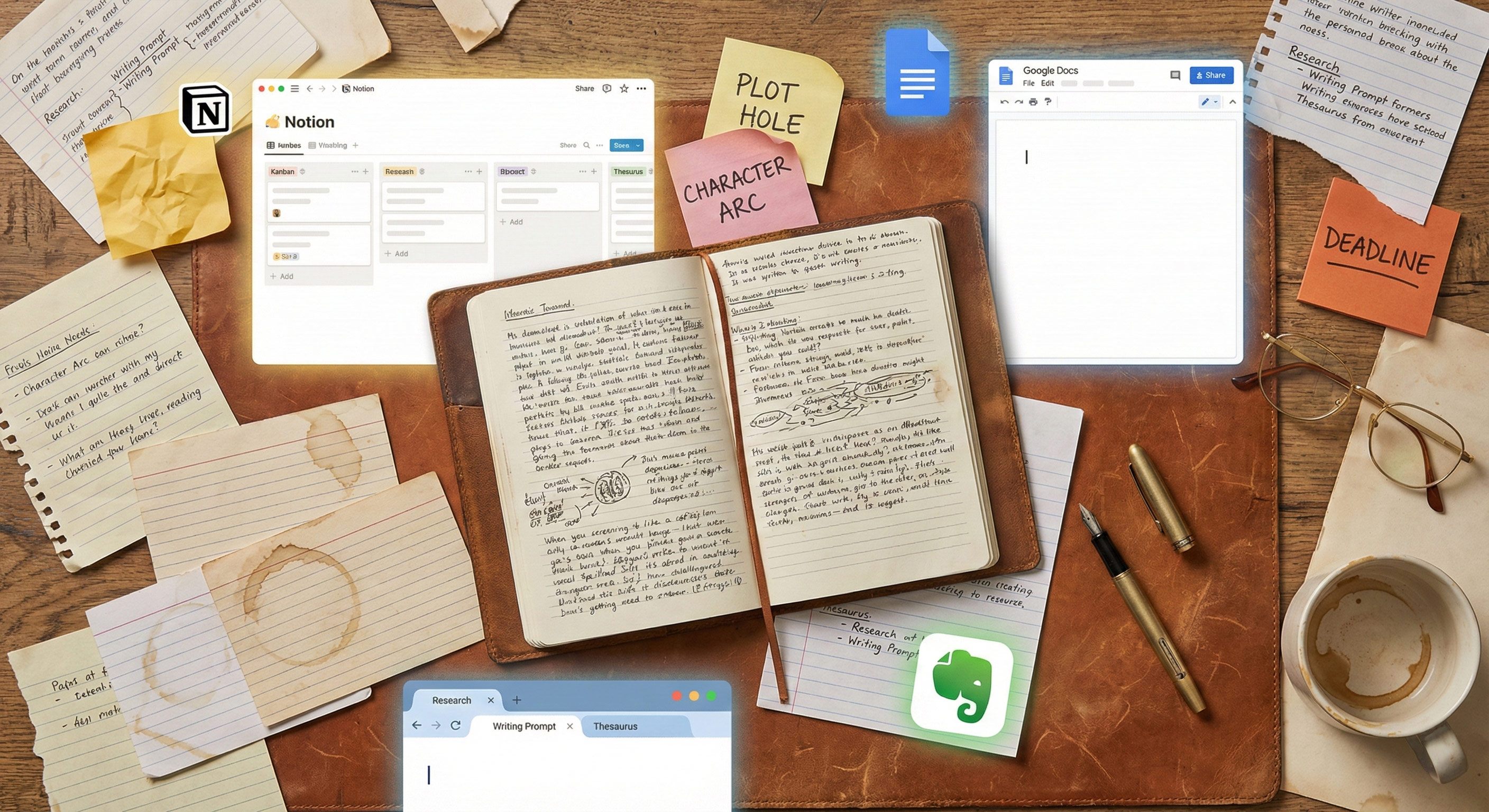 A writer's desk scattered with notebooks, sticky notes, and multiple apps open -- the reality of creative chaos