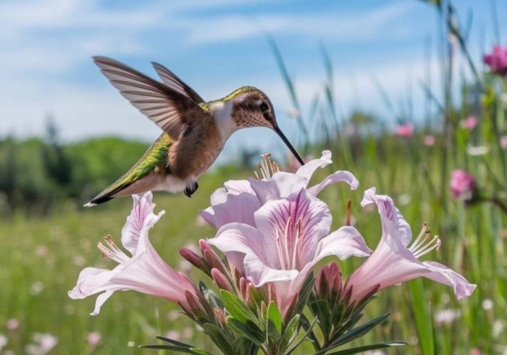 humming bird flying just above a pink flower in a field of green grass
