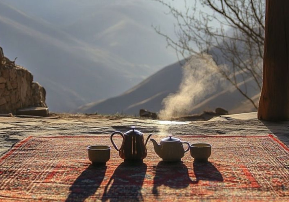 steaming tea pot and cups on a red carpet outdoors overlooking mountains