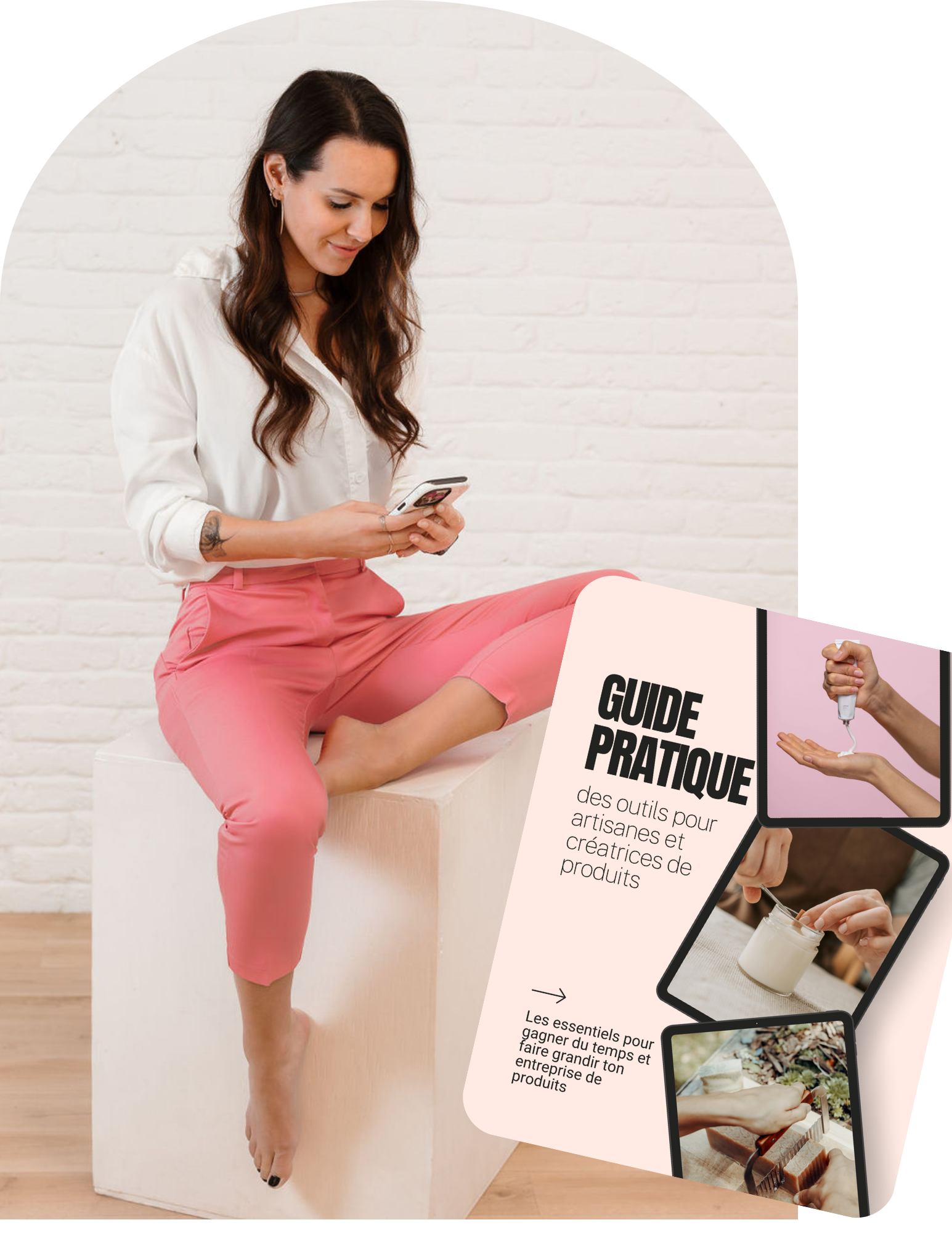 Sophie Gagnon avec son guide gratuit pour créatrices de produits, pour structurer et faire grandir leur entreprise.