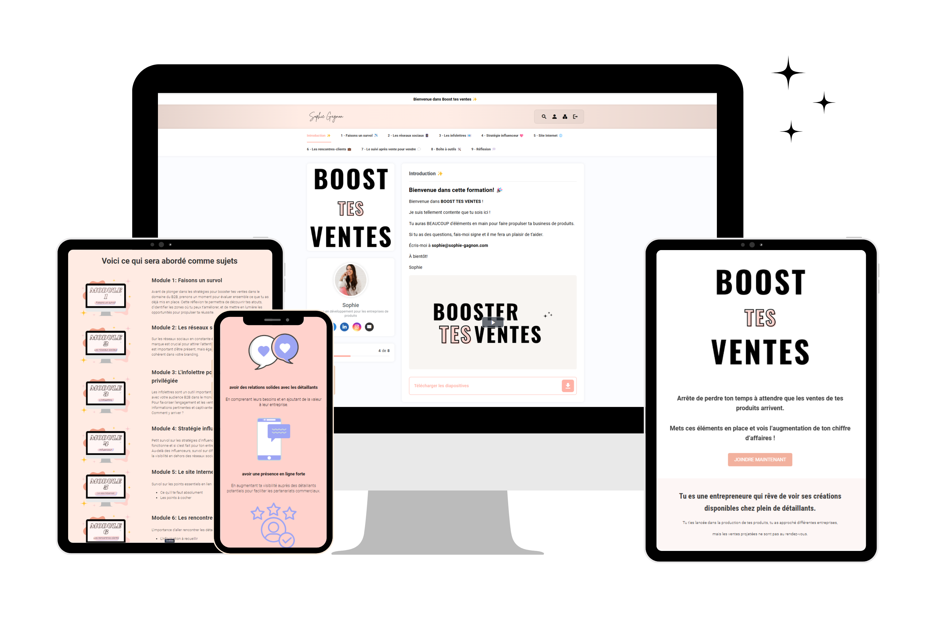 Aperçu visuel de la formation Boost tes ventes en ligne â modules, outils et interface