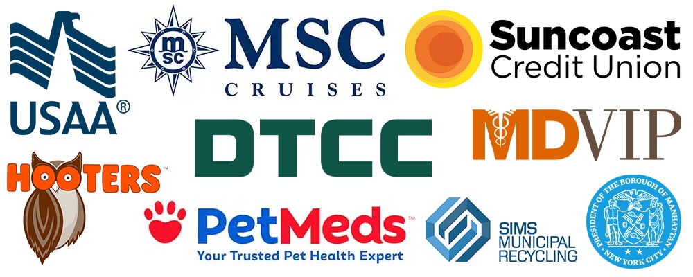 USAA, MSC Cruise Lines, Suncoast Credit Union, Hooters, 1-800-PetMeds, Depository Trust and Clearing Corporation (DTCC), MDVI