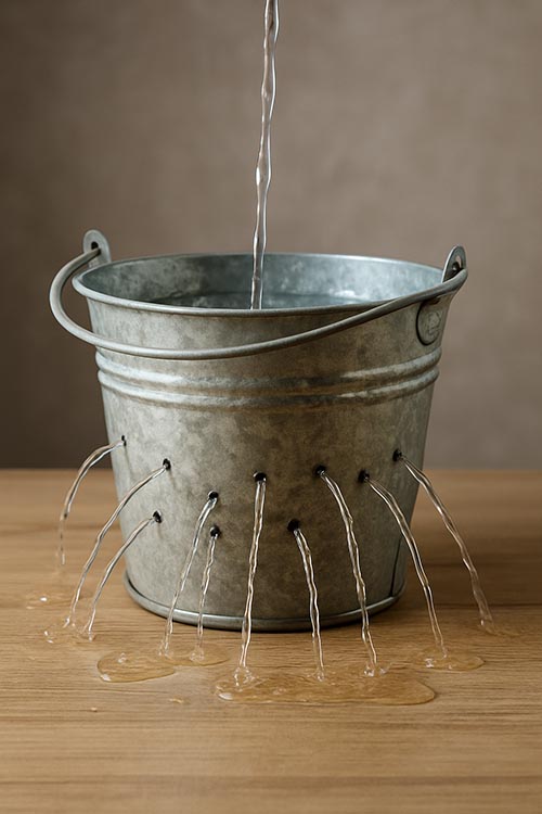 Bucket with holes in the sides leaking lots of water