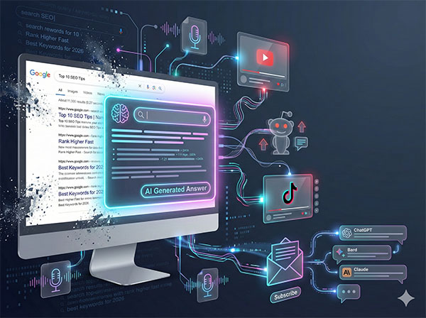 landscape illustration that visualizes the death of traditional “page one” SEO in an AI-first world.